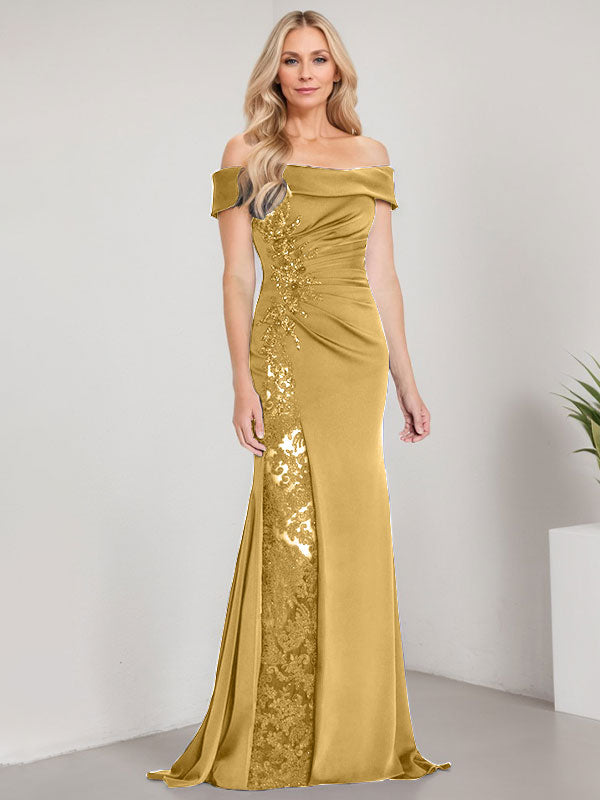 Vestido de sirena con escote en A, hombros descubiertos y largo hasta el suelo para madre de la novia, apliques y cuentas, con abertura alta 