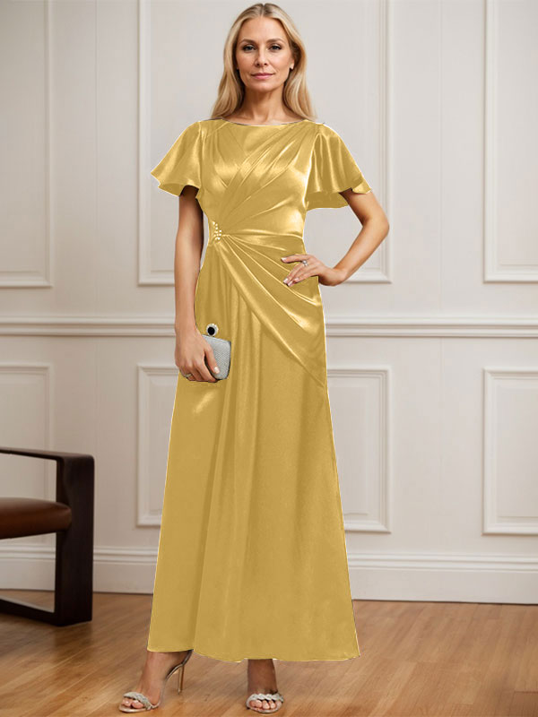 Vestido de madre de la novia de satén elástico con escote redondo y largo hasta los tobillos, corte en A y cuentas plisadas 