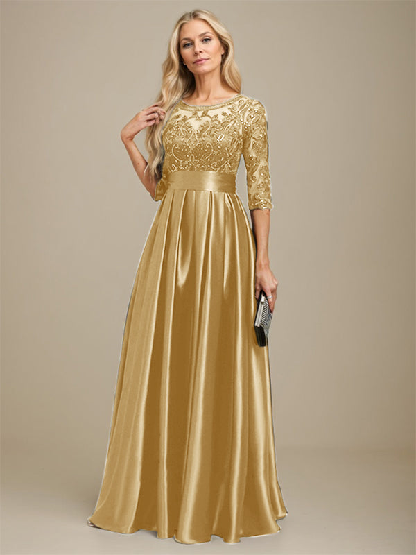 Vestido de madre de la novia de satén elástico con encaje, corte A, escote ilusión, largo hasta el suelo, con lazo y lentejuelas 