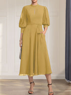 A-Linien-Kleid aus Chiffon mit hohem Kragen, Teelänge und Spitze für die Mutter der Braut, verziert mit einer Schleife