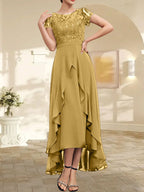 A-Linien-Kleid mit asymmetrischem Chiffon-Spitzenausschnitt, Schleife, Rüschen und Pailletten für die Mutter der Braut 