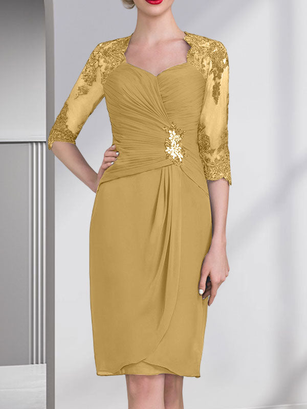 Etuikleid/Säulenkleid mit Herzausschnitt, knielang, aus Chiffon für die Mutter der Braut mit Perlenapplikationen, Spitze, Pailletten und Falten