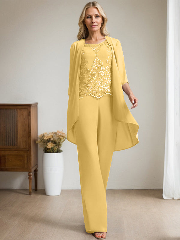 Vestido de madre de la novia de gasa con encaje, escote redondo y lentejuelas y mono/pantalón separado 