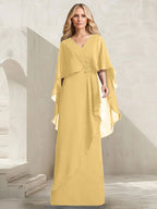 A-Linien-Kleid aus Chiffon mit V-Ausschnitt, bodenlang, mit Kaskadenrüschen und Perlenstickerei für die Mutter der Braut. 