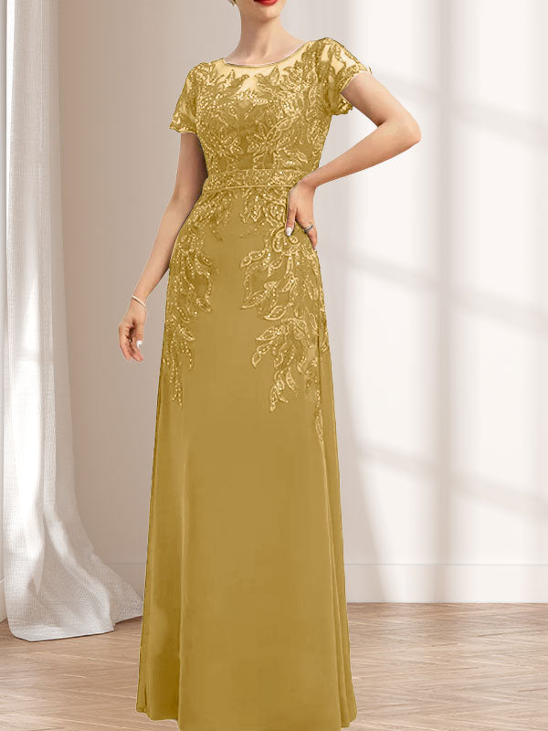 Etuikleid/Säulenkleid mit Illusion-Ausschnitt, bodenlang, aus Chiffon und Spitze mit Pailletten für die Mutter der Braut
