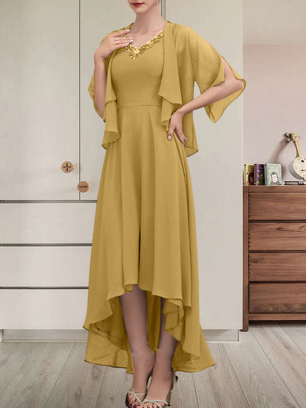 A-Linien-Kleid aus Chiffon mit V-Ausschnitt, asymmetrischem Muster und Perlen- und Paillettenbesatz für die Mutter der Braut