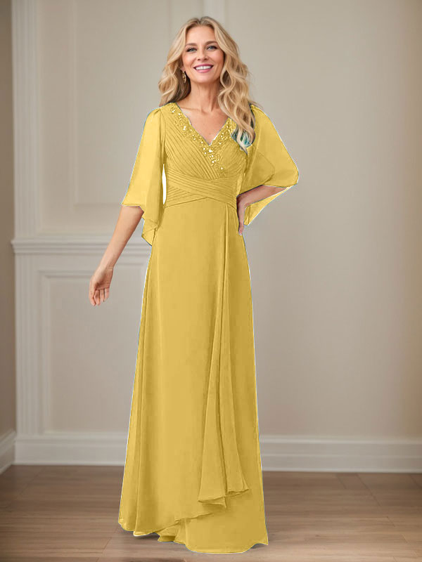 Vestido largo de gasa con lentejuelas y escote en V en forma de A para madre