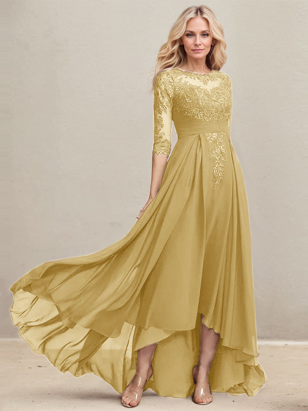 Vestido de madre de la novia de gasa con encaje asimétrico, ilusión, corte A y lentejuelas plisadas 