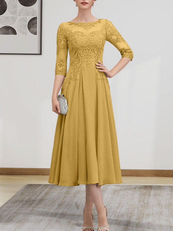 A-Linien-Kleid mit U-Boot-Ausschnitt, Illusion-Detail, Teelänge, Chiffonspitze, Perlenstickerei und Pailletten für die Mutter der Braut