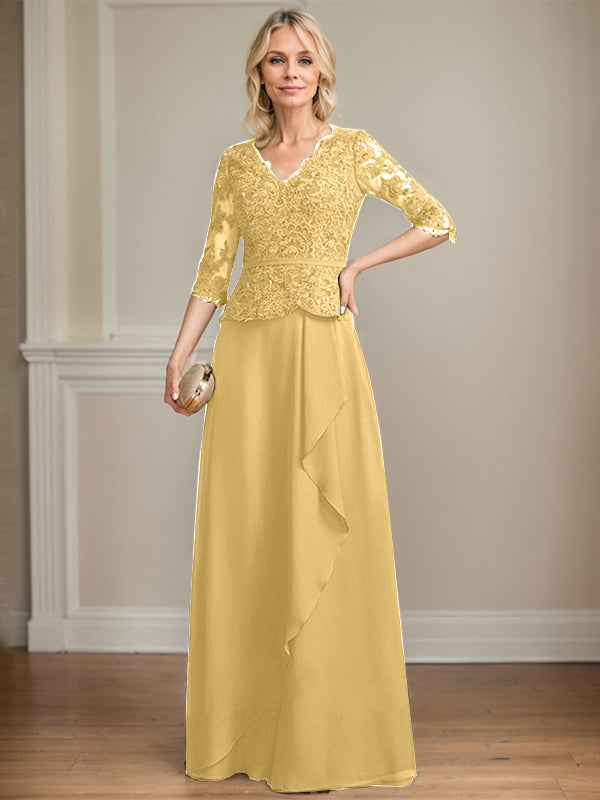 A-Linien-Kleid aus Chiffon mit V-Ausschnitt, bodenlang, mit Spitze, Kaskadenrüschen und Pailletten für die Mutter der Braut 