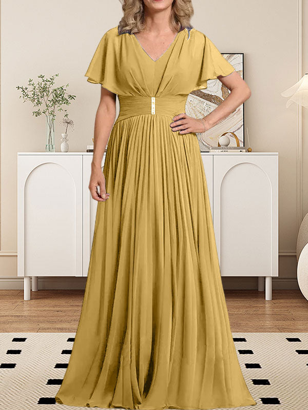 A-Linien-Chiffonkleid mit V-Ausschnitt, bodenlang, für die Mutter der Braut, mit Kristallbrosche und Falten 