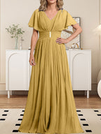 A-Linien-Chiffonkleid mit V-Ausschnitt, bodenlang, für die Mutter der Braut, mit Kristallbrosche und Falten 