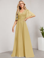 A-Linien-Kleid aus Chiffon mit V-Ausschnitt, bodenlang, mit Pailletten besetzt – ideal für die Mutter der Braut 