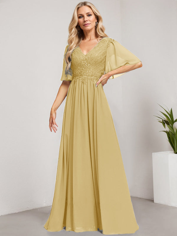 Vestido de gasa con encaje y lentejuelas para madre de la novia, corte A, escote en V y largo hasta el suelo 
