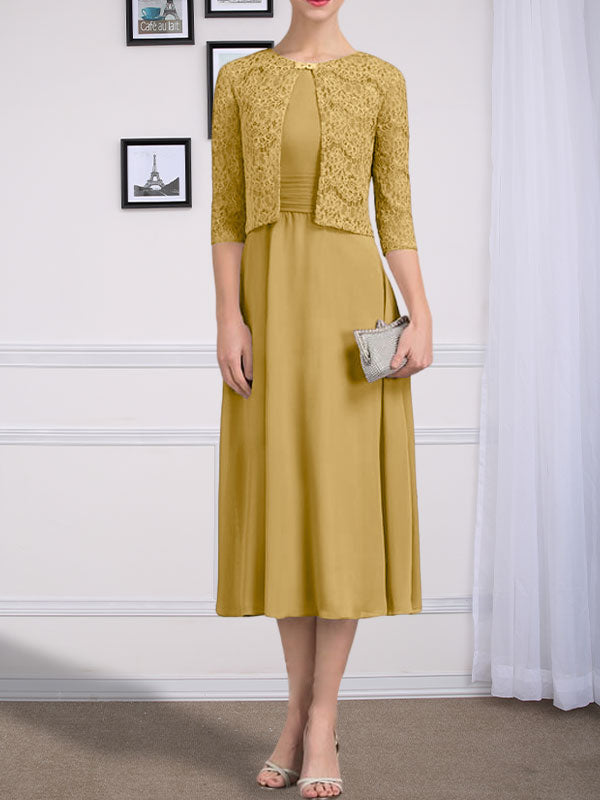 Vestido de gasa para madre de la novia, corte A, escote redondo, largo hasta la rodilla, con pliegues