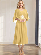 A-Linien-Kleid aus Chiffon mit V-Ausschnitt, Teelänge, plissierten Paillettenapplikationen und Perlenstickerei für die Mutter der Braut 