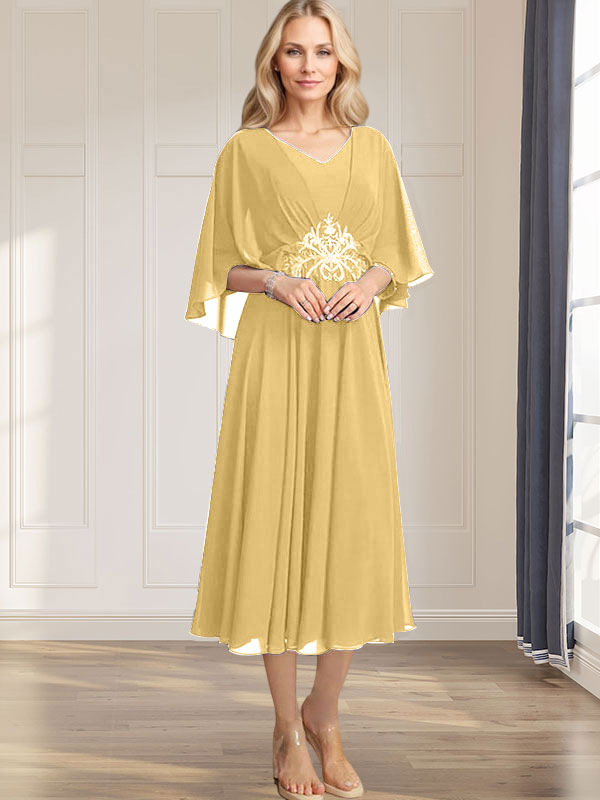 A-Linien-Kleid aus Chiffon mit V-Ausschnitt, Teelänge, plissierten Paillettenapplikationen und Perlenstickerei für die Mutter der Braut 