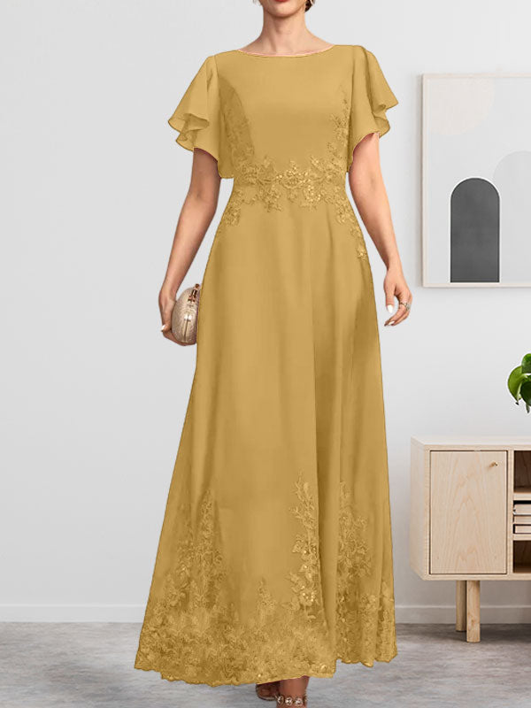 A-Linien-Kleid mit Rundhalsausschnitt, knöchellang, aus Spitze und Chiffon, mit Pailletten besetzt