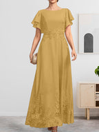 A-Linien-Kleid mit Rundhalsausschnitt, knöchellang, aus Spitze und Chiffon, mit Pailletten besetzt