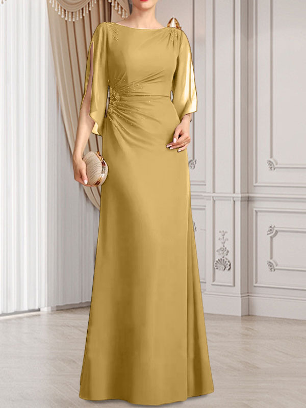 Etui-/Säulen-Chiffonkleid in Bodenlänge für die Mutter der Braut mit plissierter Perlenstickerei