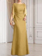 Etui-/Säulen-Chiffonkleid in Bodenlänge für die Mutter der Braut mit plissierter Perlenstickerei