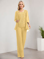 Zweiteiliger Jumpsuit/Hosenanzug, bodenlanges Chiffon-Kleid mit Spitze und Pailletten für die Mutter der Braut