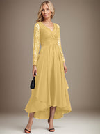 A-Linien-Kleid aus Chiffon mit V-Ausschnitt und asymmetrischer Spitze für die Mutter der Braut