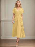 A-Linien-Kleid aus Chiffon mit V-Ausschnitt und Teelänge für die Mutter der Braut 