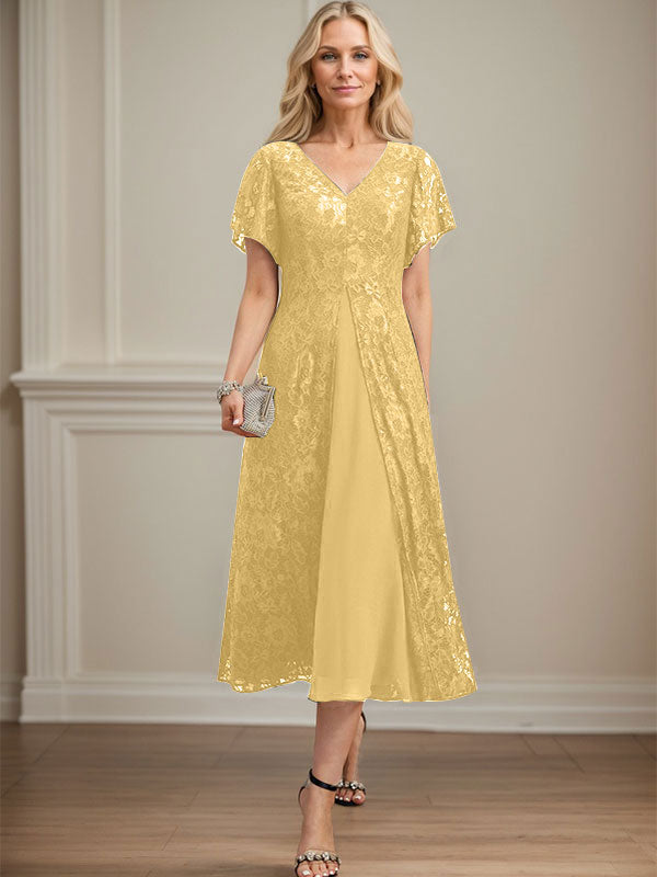 A-Linien-Kleid aus Chiffon mit V-Ausschnitt und Teelänge für die Mutter der Braut 