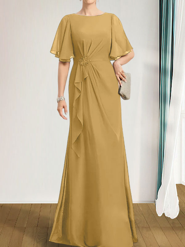 A-Linien-Kleid aus Chiffon in Bodenlänge für die Mutter der Braut mit kaskadenartigen Rüschen, Perlen und Pailletten