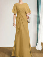 A-Linien-Kleid aus Chiffon in Bodenlänge für die Mutter der Braut mit kaskadenartigen Rüschen, Perlen und Pailletten