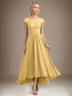 A-Linien-Kleid aus Chiffon mit asymmetrischem, plissiertem Spitzeneinsatz und Illusion-Ausschnitt für die Mutter der Braut 