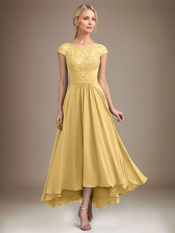 A-Linien-Kleid aus Chiffon mit asymmetrischem, plissiertem Spitzeneinsatz und Illusion-Ausschnitt für die Mutter der Braut 