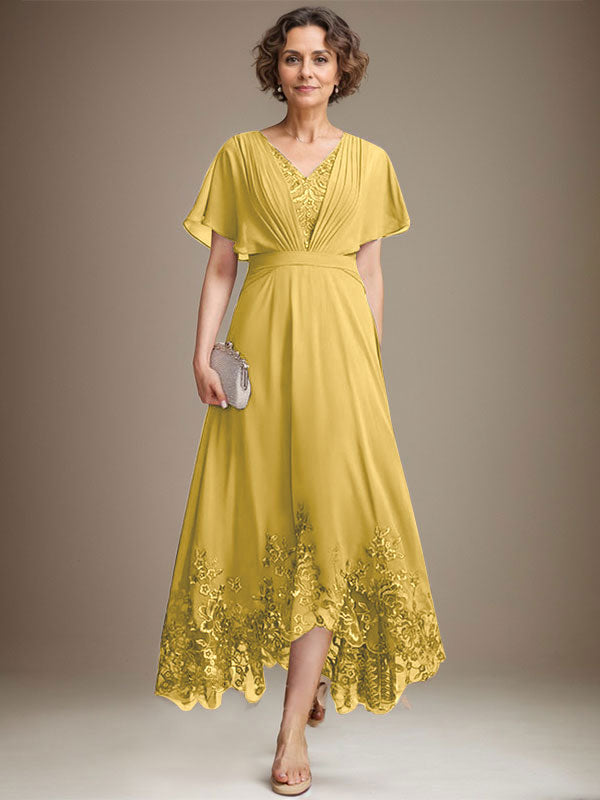 A-Linien-Kleid aus Chiffon mit asymmetrischem V-Ausschnitt und Spitze für die Mutter der Braut mit Falten