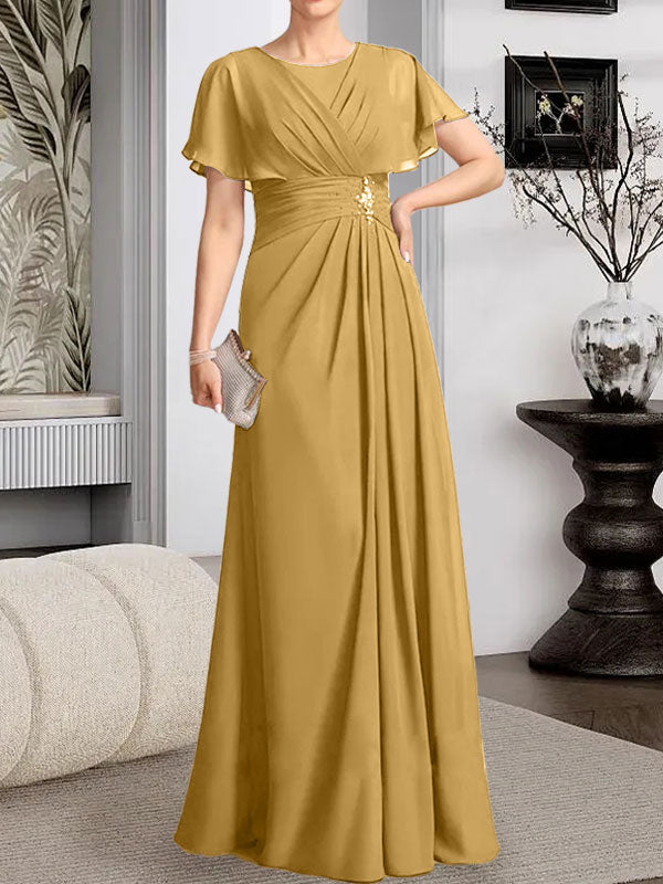A-Linien-Kleid aus Chiffon mit Rundhalsausschnitt und bodenlanger Verarbeitung, verziert mit plissierten Perlen.