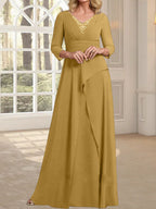A-Linien-Kleid aus Chiffon mit V-Ausschnitt, bodenlang, für die Mutter der Braut, mit plissierter Perlenstickerei