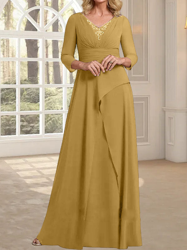 A-Linien-Kleid aus Chiffon mit V-Ausschnitt, bodenlang, für die Mutter der Braut, mit plissierter Perlenstickerei