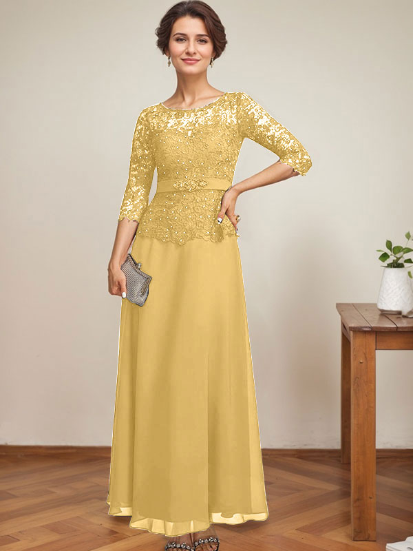 Vestido de gasa con encaje y escote ilusión hasta los tobillos para madre de la novia con cuentas de diamantes de imitación 