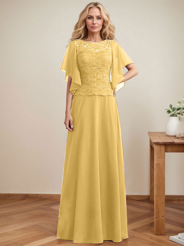A-Linien-Kleid mit Rundhalsausschnitt, Illusion-Effekt, bodenlang, aus Chiffon und Spitze mit Pailletten – das perfekte Brautmutterkleid 