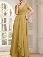 A-Linien-Kleid mit herzförmigem Herzausschnitt, bodenlang, aus Chiffon und Spitze, mit Perlenstickerei und Kaskadenrüschen – ideal für die Mutter der Braut
