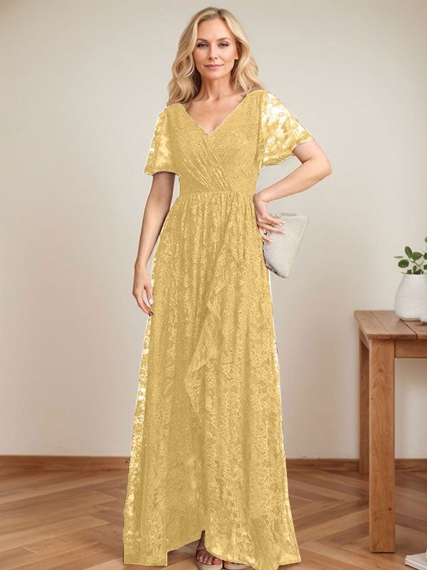 A-Linien-Kleid mit V-Ausschnitt, asymmetrischem Spitzenbesatz und Kaskadenrüschen für die Mutter der Braut 