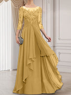 A-Linien-Kleid mit U-Boot-Ausschnitt, Illusion-Effekt, bodenlang, aus Chiffon und Spitze, mit Kaskadenrüschen – perfekt für die Mutter der Braut