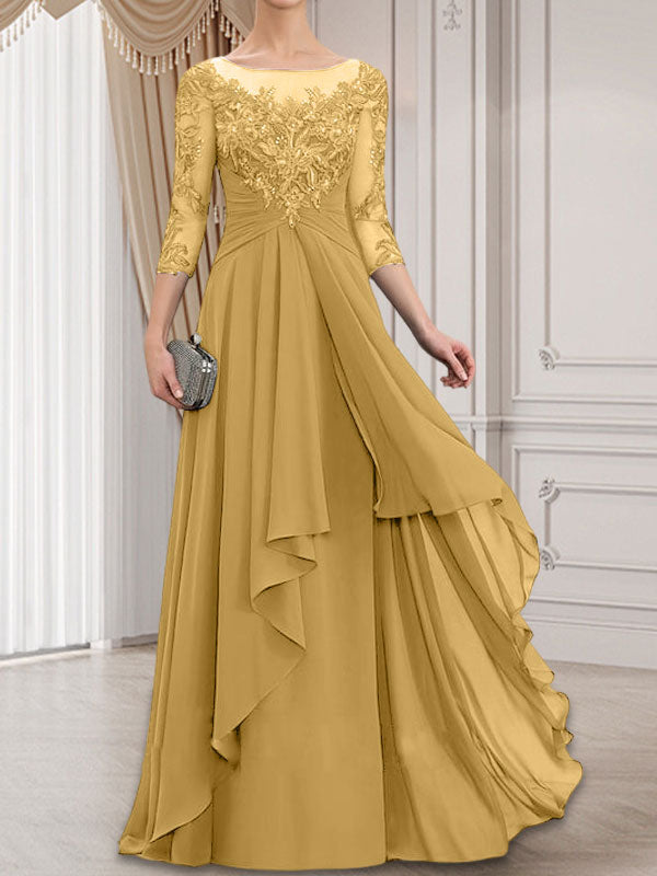 Vestido de gasa con encaje y volantes en cascada para madre de la novia, corte A, escote ilusión, largo hasta el suelo