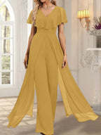 Jumpsuit/Hosenanzug, bodenlanges Chiffon-Abendkleid mit V-Ausschnitt