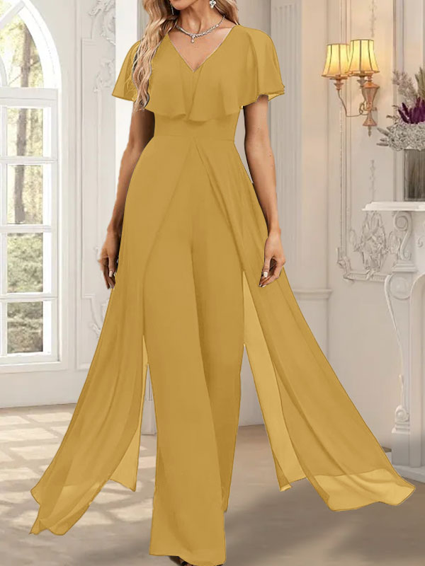 Vestido de noche de gasa con escote en V y largo hasta el suelo, tipo mono/pantalón