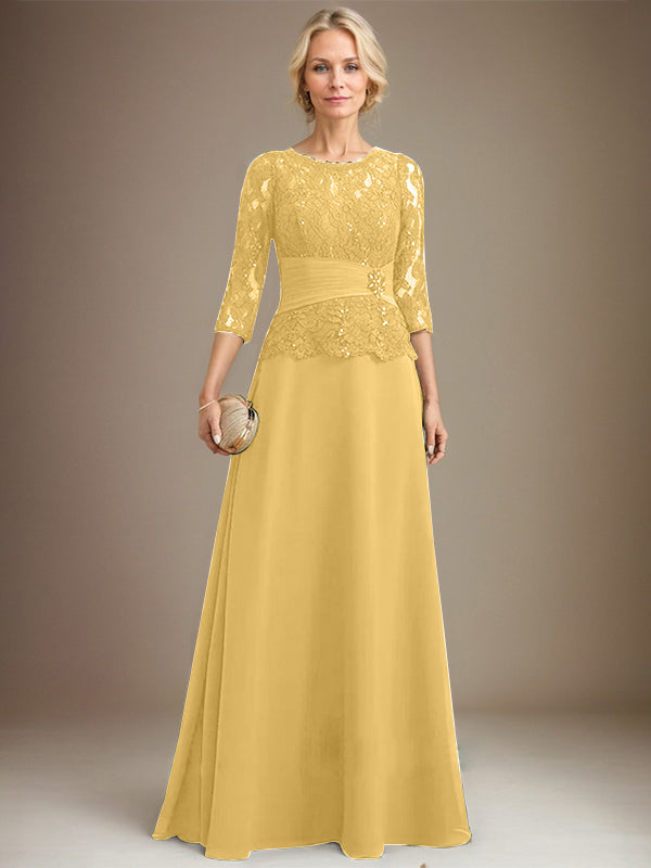 A-Linien-Kleid mit U-Boot-Ausschnitt, Illusion-Detail, bodenlang, aus Chiffonspitze, mit plissierten Pailletten und Perlenstickerei für die Mutter der Braut. 