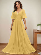 A-Linien-Kleid aus Chiffon mit V-Ausschnitt, bodenlang, mit Paillettenapplikationen, Spitze und Falten für die Mutter der Braut 