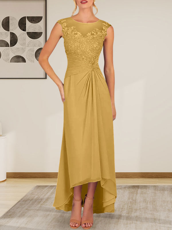 Vestido de gasa con encaje y escote redondo en forma de A color champán