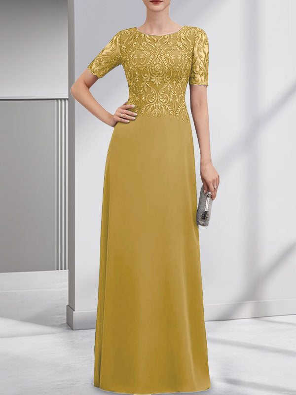 A-Linien-Kleid aus Chiffon mit Pailletten und Rundhalsausschnitt, bodenlang, für die Mutter der Braut