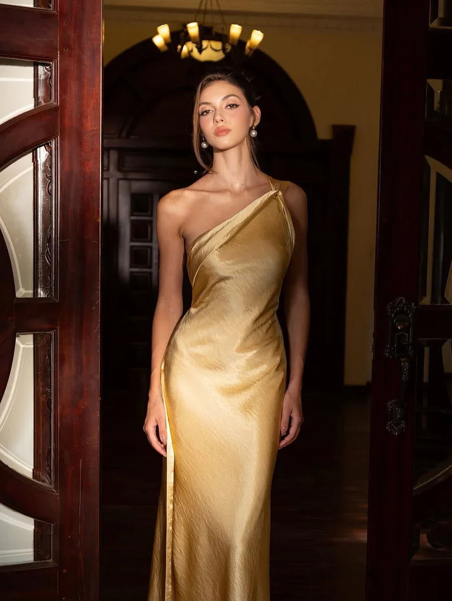 Vestidos de Fiesta Largos de Satén con Tirantes Cruzados de un Hombro y Espalda Abierta, Falda Sirena para Graduación y Gala